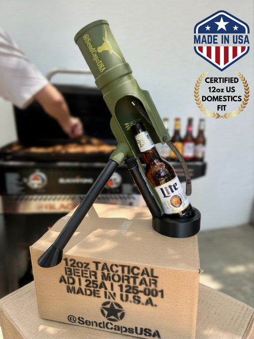 Tactical beer mortar bottle opener with a 12oz Miller Lite loaded, Made in USA and Certified 12oz US Domestics Fit badges, at a backyard BBQ