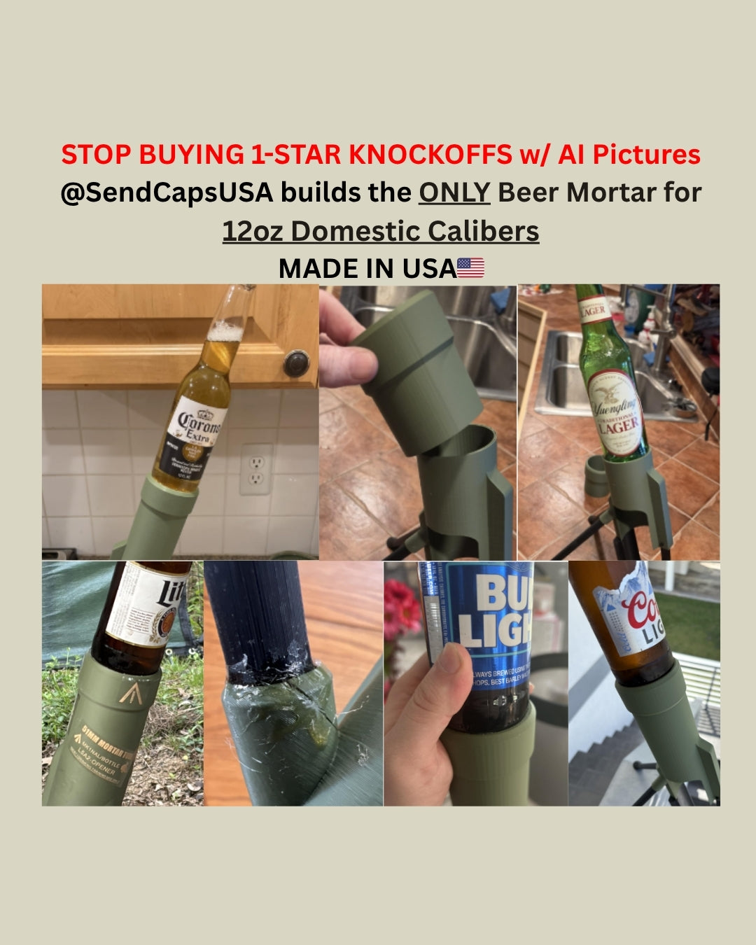 Genuine SendCapsUSA beer mortar vs imported knockoff cap mortars — beware of copycats