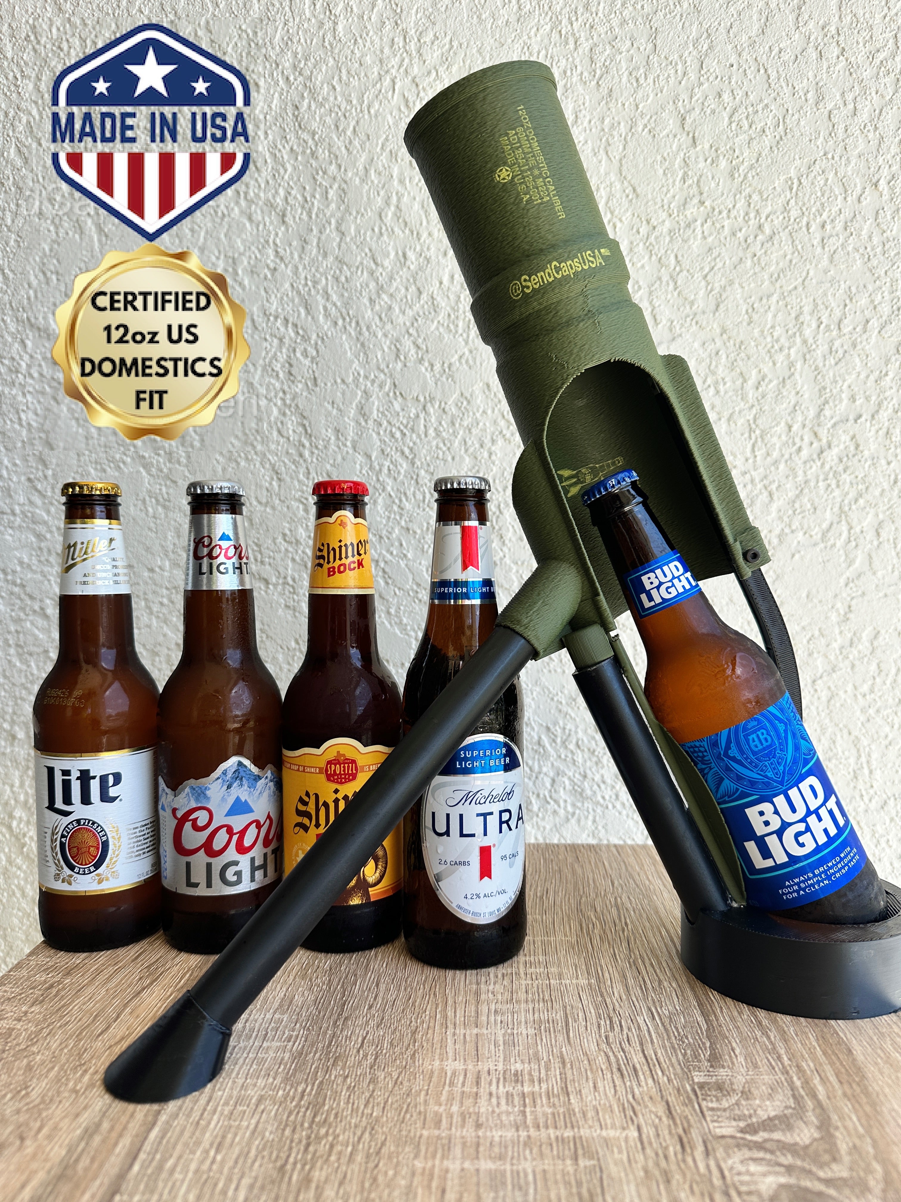 Beer mortar bottle opener shown with compatible 12oz US domestic bottles: Miller Lite, Coors Light, Shiner Bock, Michelob Ultra and Bud Light